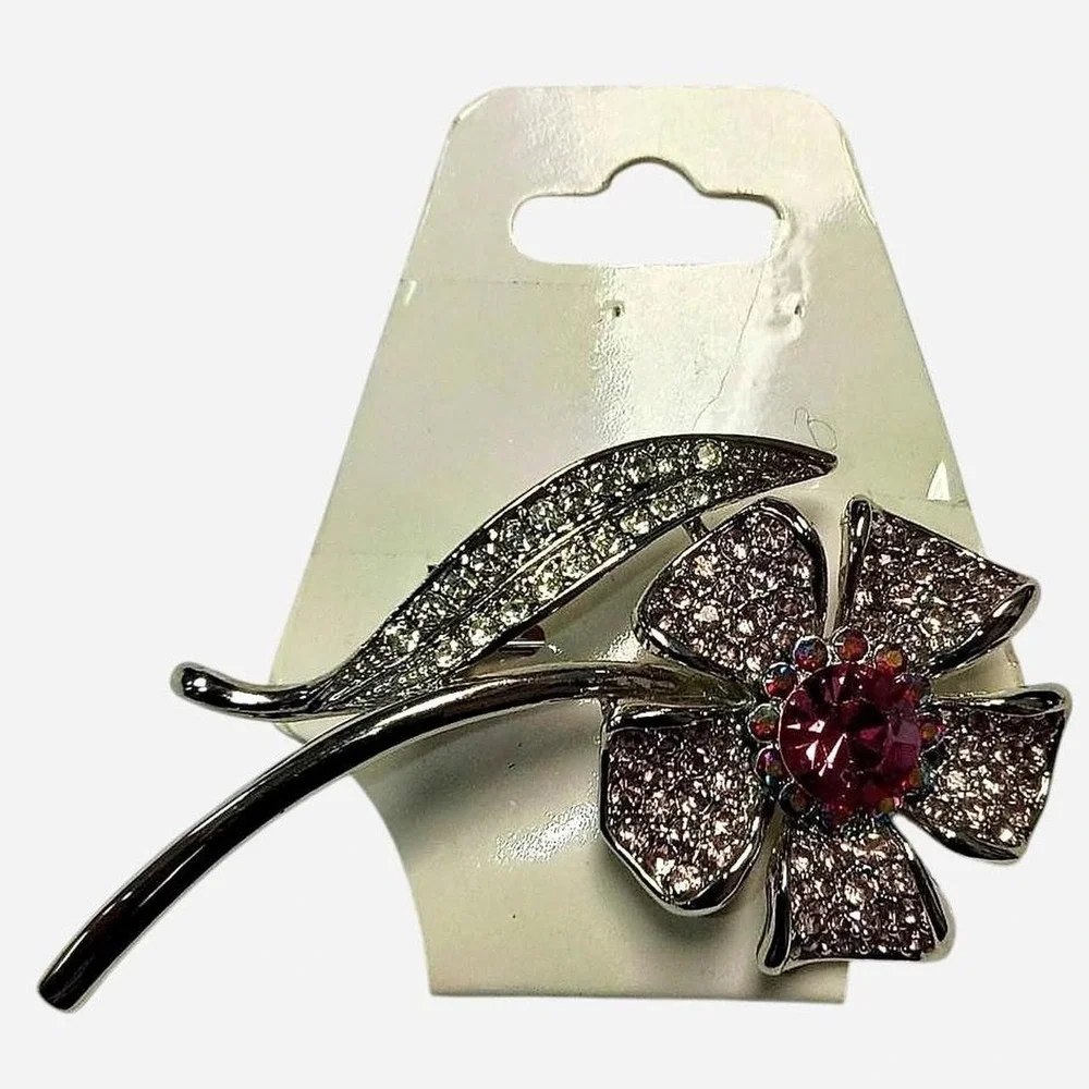 Silver  Rhinestone  Pink  Flower  Brooch